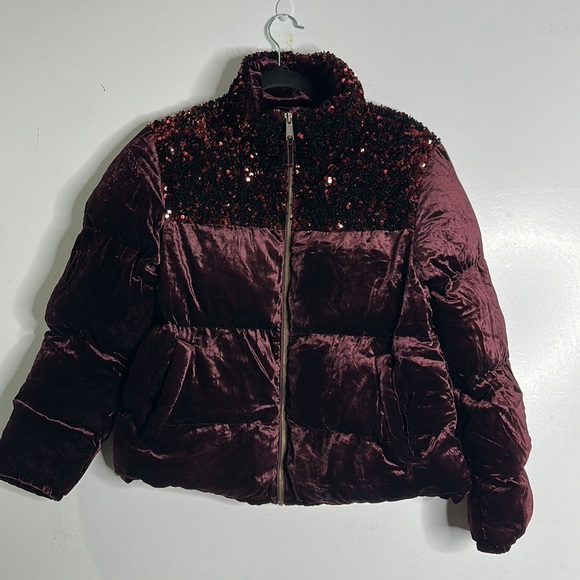 Anthropology Maeve Vera velvet burgundy sequins puffer jacket size medium - Picture 3 of 14